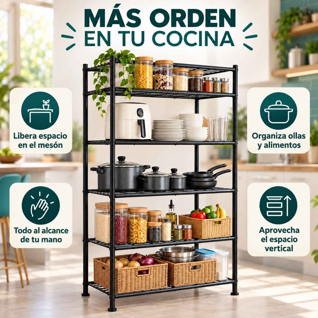 Estante de 5 Niveles: Tu Cocina Más Amplia y Ordenada en Minutos.