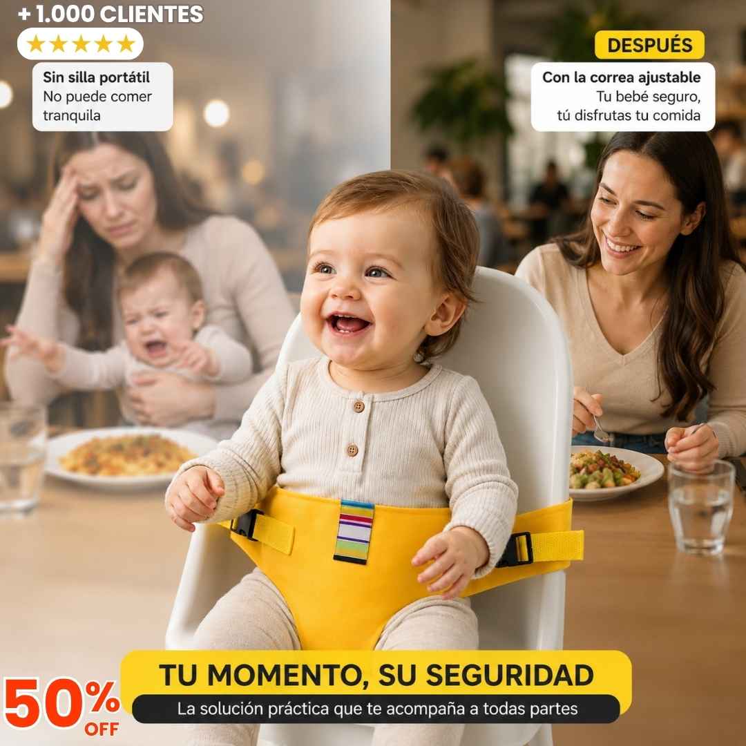 Asiento Portátil para Bebés: Tu comedor seguro en cualquier silla, en un 2x3.