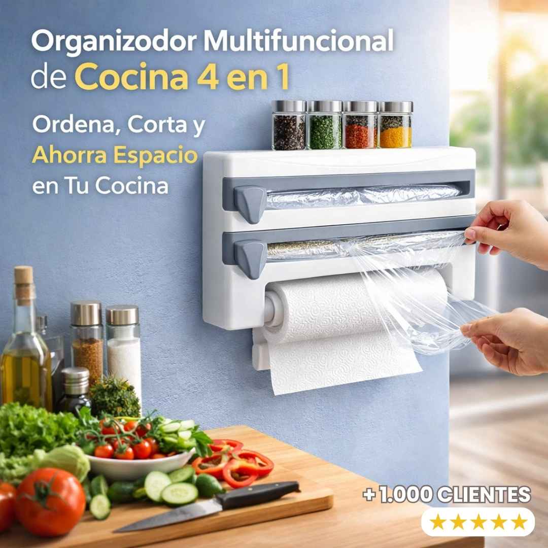 Organizador Multifuncional de Cocina 4 en 1 – Ordena, Corta y Ahorra Espacio en Tu Cocina