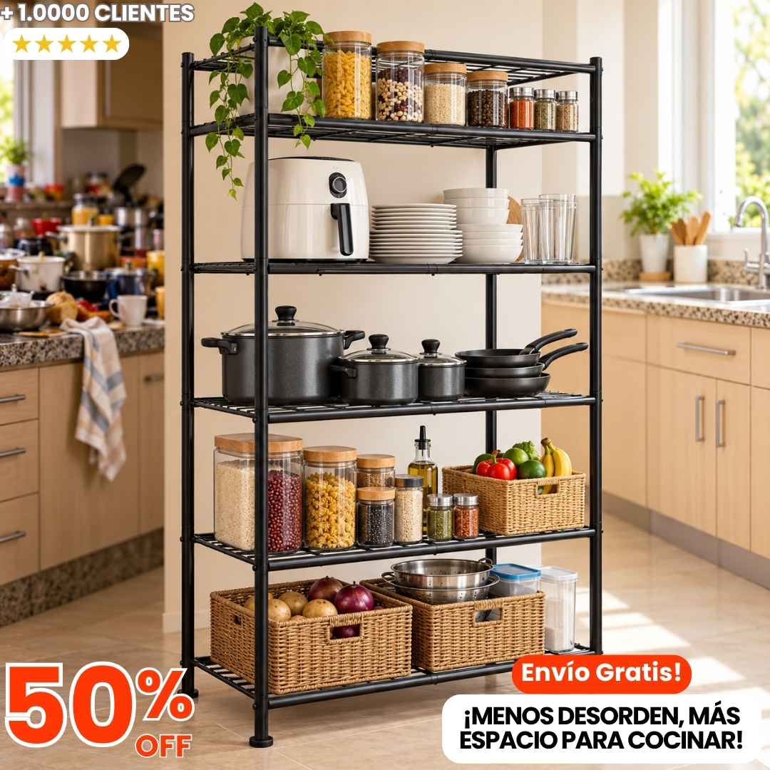 Estante de 5 Niveles: Tu Cocina Más Amplia y Ordenada en Minutos.