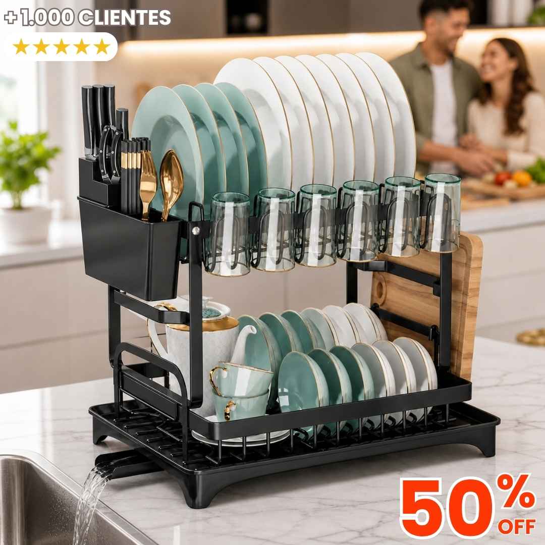 Escurridor de Platos Premium 2 Niveles: Secado Automático, Cero Charcos y Máximo Orden para tu Mesón