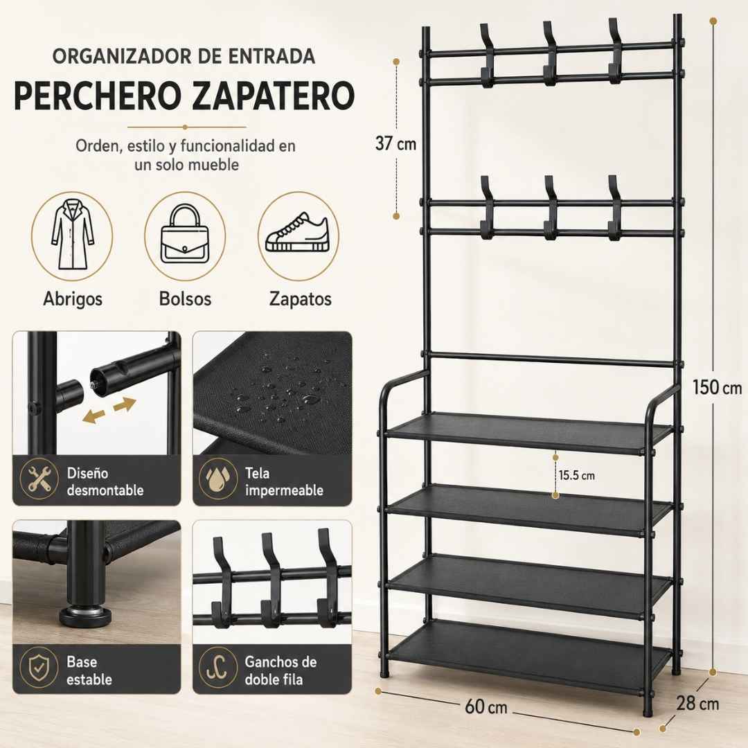 Perchero y Zapatatero 3 en 1 - 4 Niveles Multifuncional