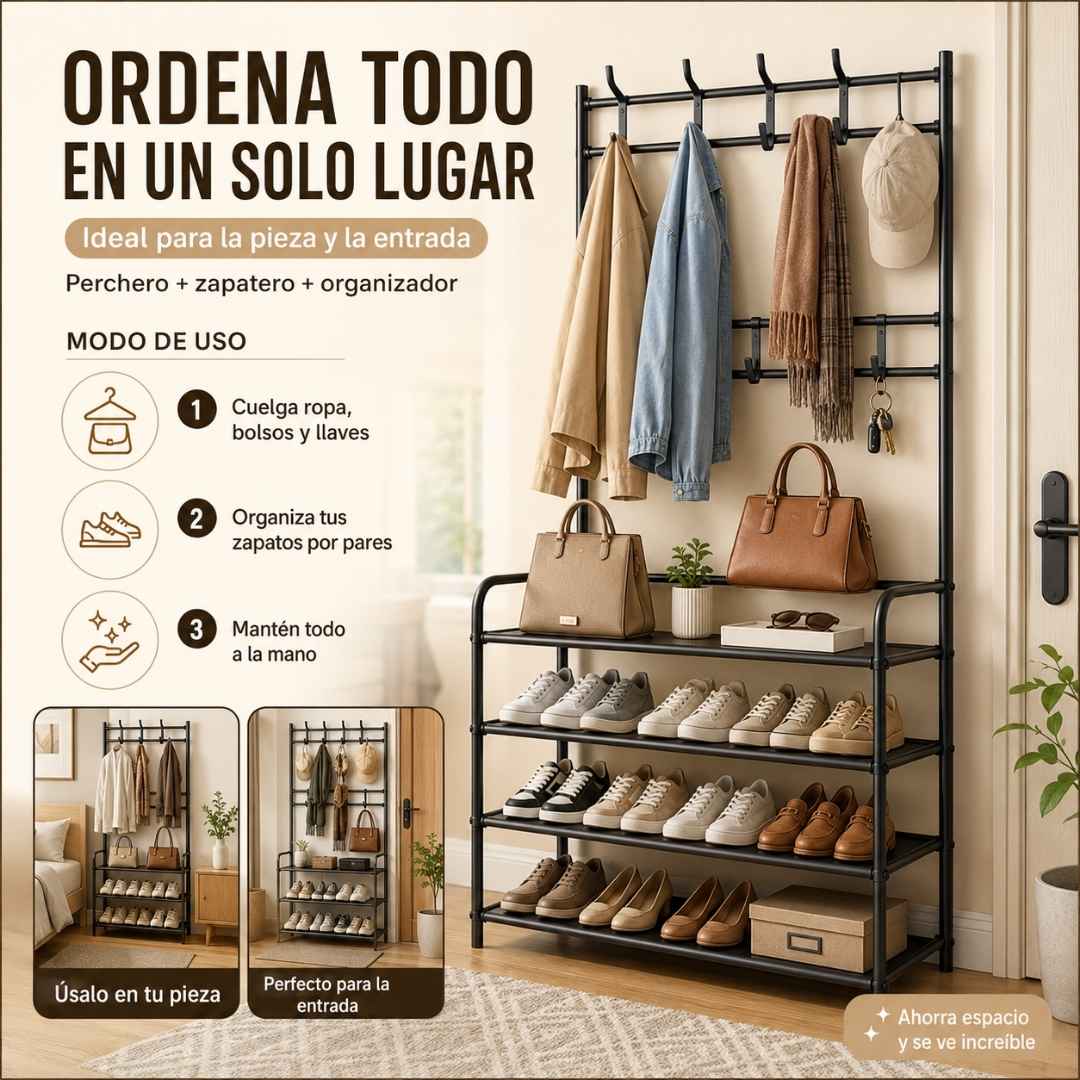 Perchero y Zapatatero 3 en 1 - 4 Niveles Multifuncional