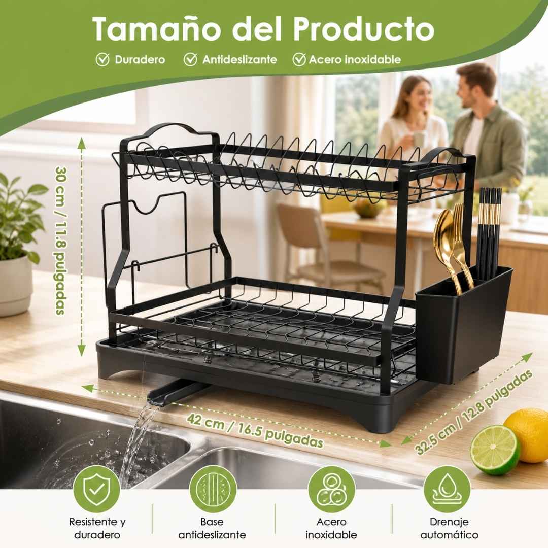 Escurridor de Platos Premium 2 Niveles: Secado Automático, Cero Charcos y Máximo Orden para tu Mesón