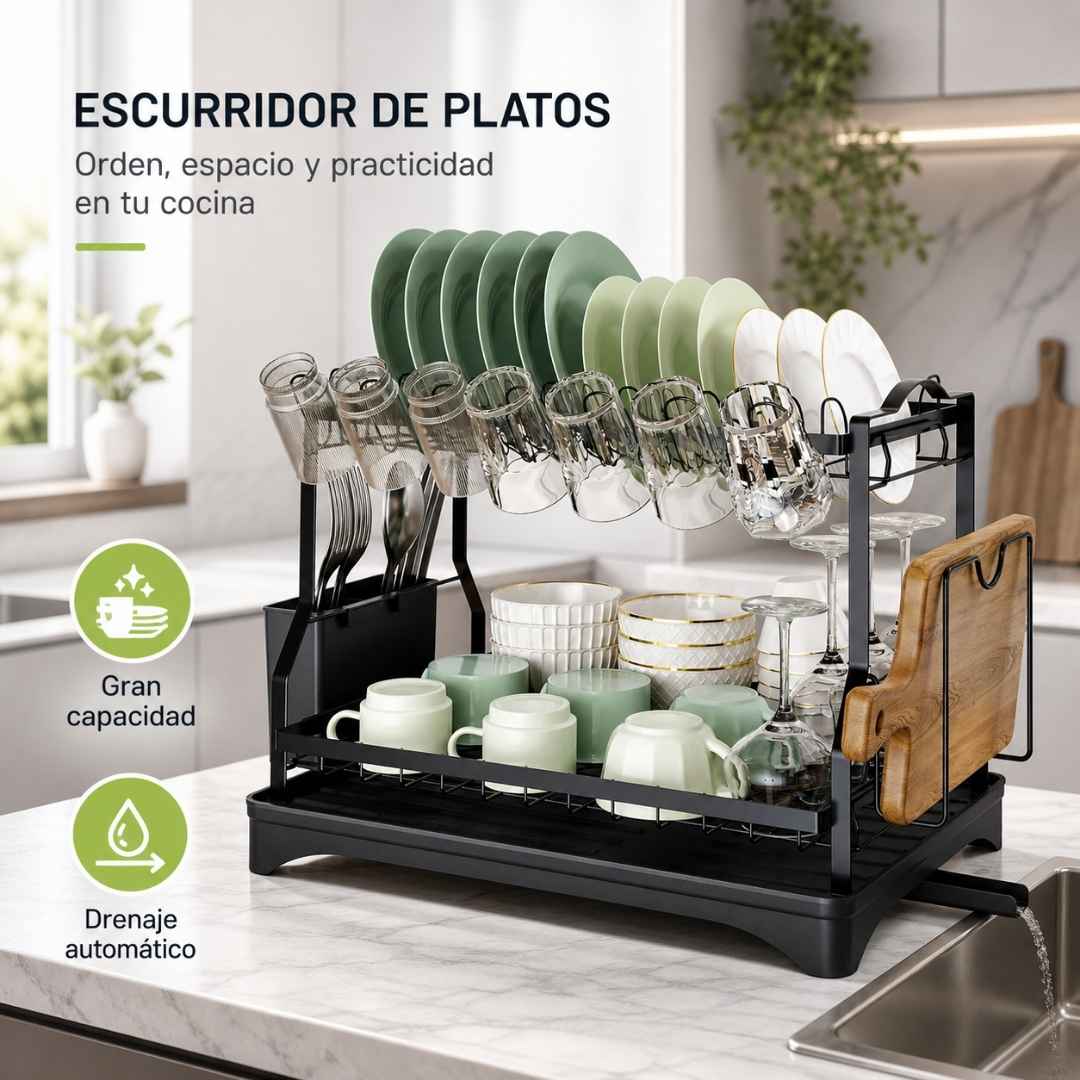 Escurridor de Platos Premium 2 Niveles: Secado Automático, Cero Charcos y Máximo Orden para tu Mesón