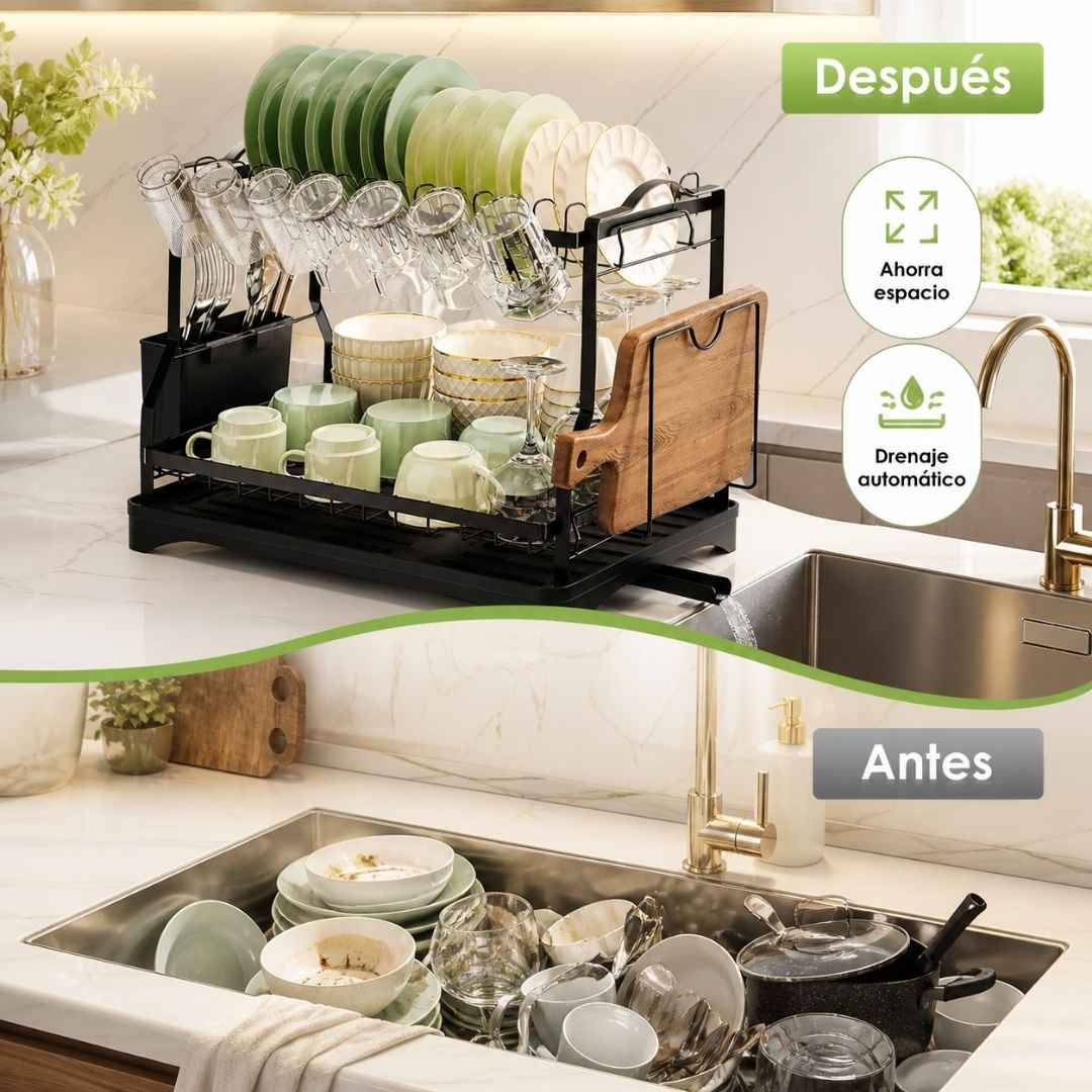 Escurridor de Platos Premium 2 Niveles: Secado Automático, Cero Charcos y Máximo Orden para tu Mesón