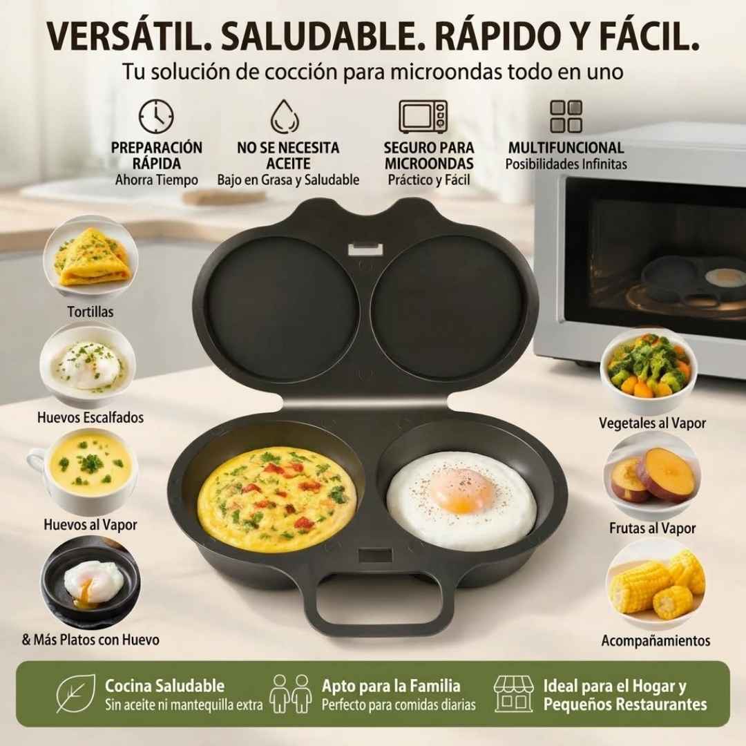 Huevera para Microondas: Desayuno perfecto en 2 minutos, sin aceite y sin lavar ollas.