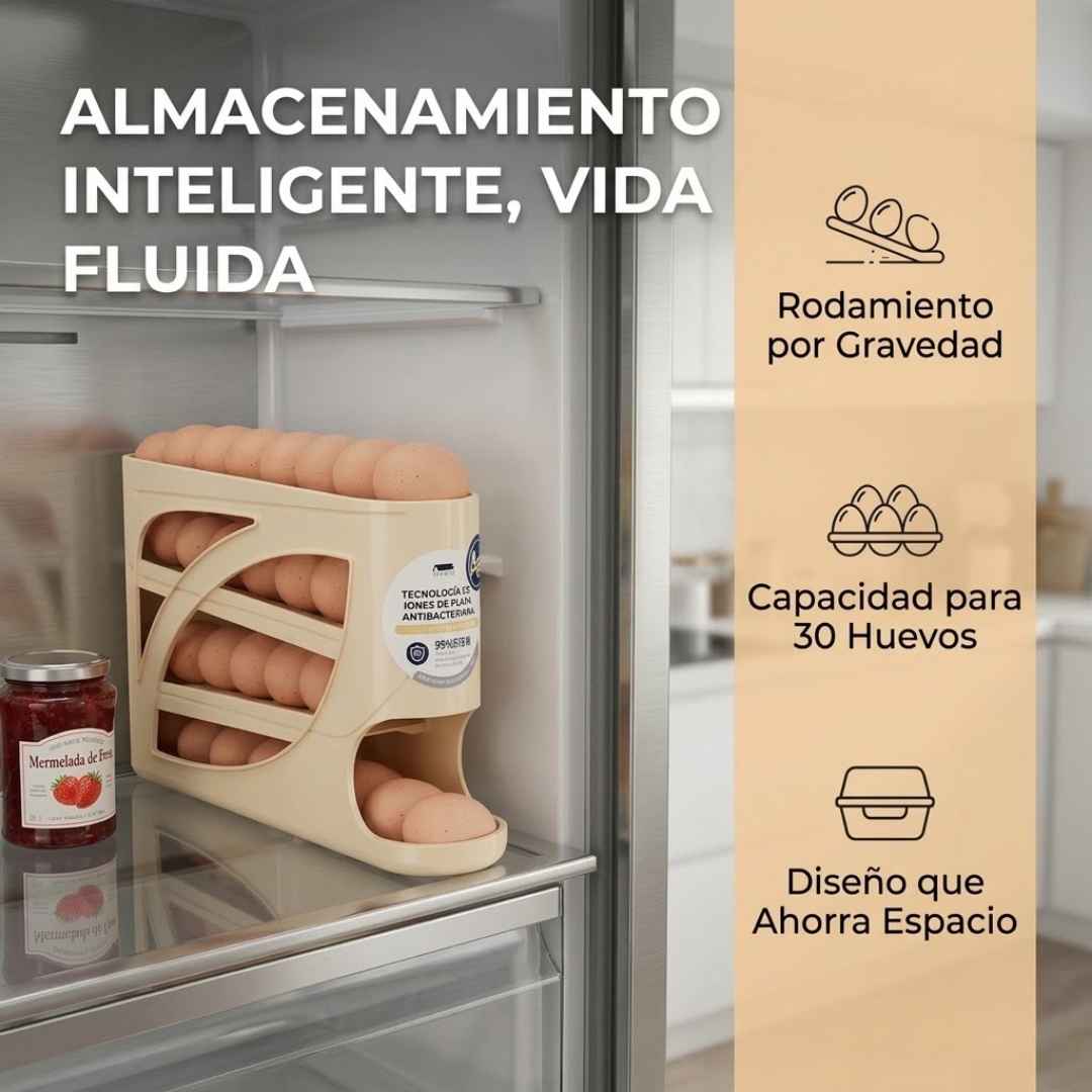 Dispensador de Huevos Rodante: Más espacio y cero huevos rotos en tu nevera.