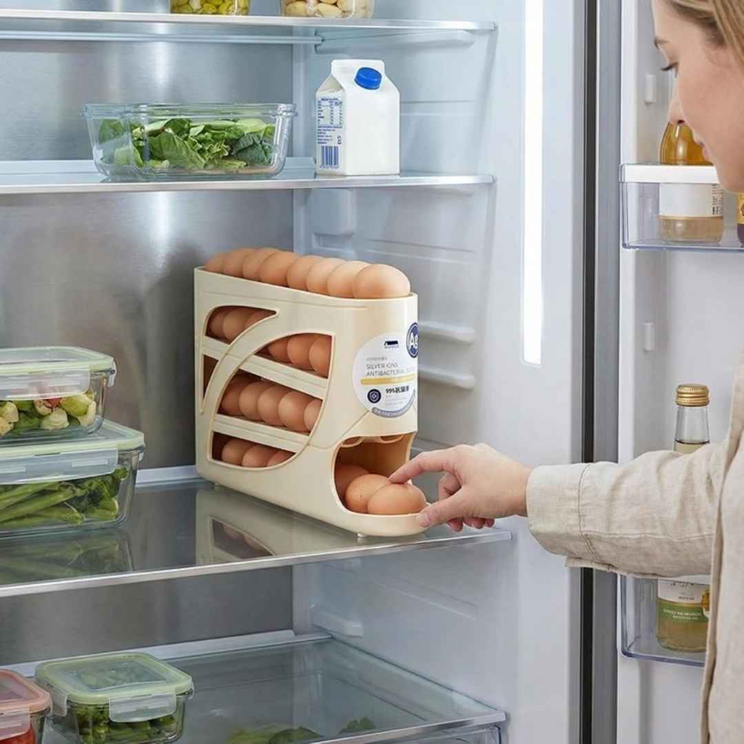 Dispensador de Huevos Rodante: Más espacio y cero huevos rotos en tu nevera.