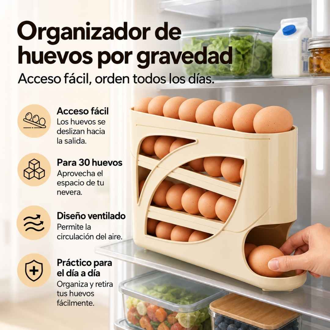 Dispensador de Huevos Rodante: Más espacio y cero huevos rotos en tu nevera.