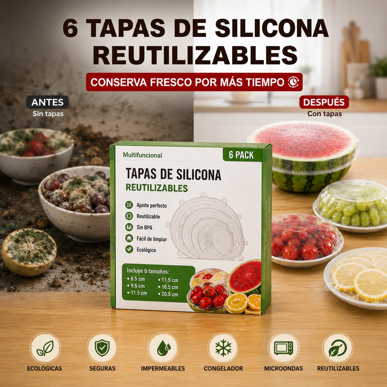 Tapas Silicona Ajustables x 6 Unidades - Conserva Tus alimentos Frescos y Tu Nevera Sin Olores