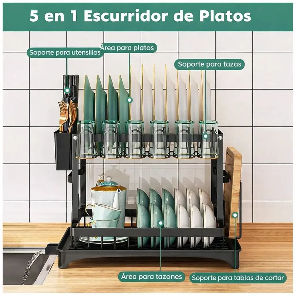 Escurridor de Platos Premium 2 Niveles: Secado Automático, Cero Charcos y Máximo Orden para tu Mesón
